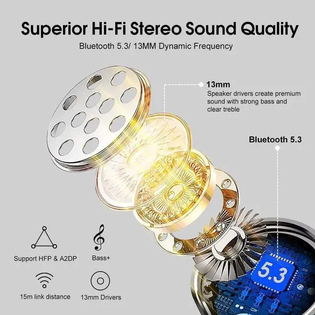 Alt view image 2 of 6 - Wireless Earbuds, Bluetooth 5.3 Earphones with 4-Mics Clear Call, ENC Noise Cancelling Mic, Bluetooth Ear Buds Touch Control Stereo Sound, LED Display, Waterproof Running Headphones for Workout