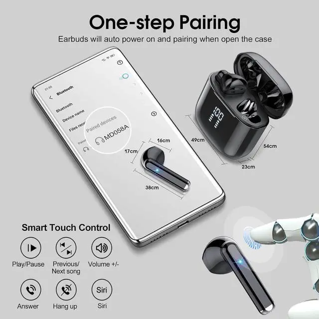 Alt view image 6 of 6 - Wireless Earbuds, Bluetooth 5.3 Earphones with 4-Mics Clear Call, ENC Noise Cancelling Mic, Bluetooth Ear Buds Touch Control Stereo Sound, LED Display, Waterproof Running Headphones for Workout