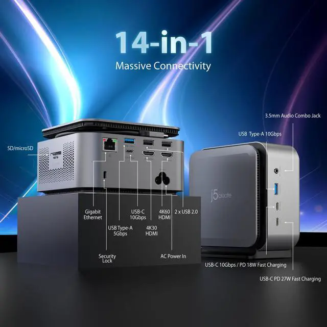 Alt view image 2 of 7 - Dual 4K Display Powerbase Docking Station with 145W Charging Power | 10Gbps Data Transfer, Card Slots, Ethernet, and Audio Port for Windows Laptop and MacBook (JCDP4140)