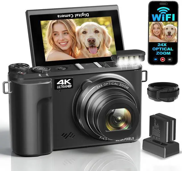 Main image of 4K Digital Camera for Photography with 24X Optical Zoom & WiFi Vlog Cameras | 88MP Autofocus Vlogging Camera for YouTube with 3" 180° Flip Screen, 2 Batteries & Shoulder Strap, Black