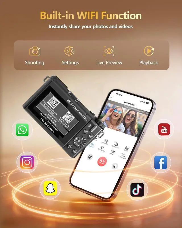 Alt view image 5 of 7 - 4K Digital Camera for Photography with 24X Optical Zoom & WiFi Vlog Cameras | 88MP Autofocus Vlogging Camera for YouTube with 3" 180° Flip Screen, 2 Batteries & Shoulder Strap, Black