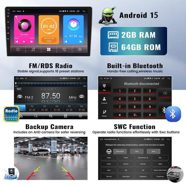 Alt view image 4 of 7 - Android 15 4-Core+64G Car Stereo for Nissan Versa Sedan 2015-2019 Radio Wireless Carplay Android Auto, 10.1 Touchscreen Car Radio GPS Navigation/Mirror Link/Bluetooth EQ/FM/RDS Radio+Backup Cam & Mic