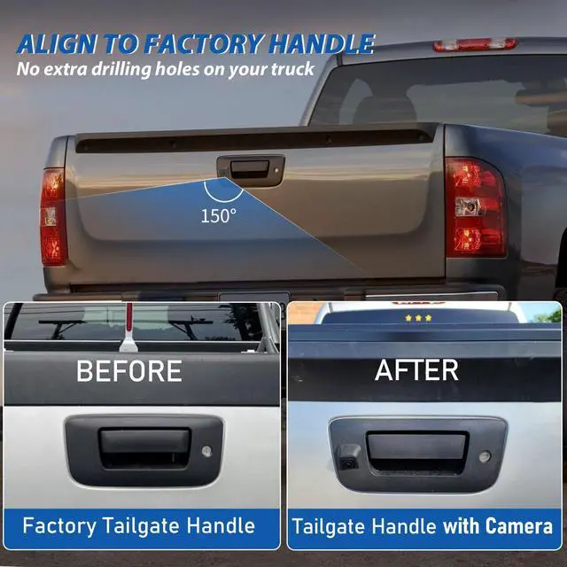 Alt view image 3 of 7 - Tailgate Handle Backup Rear View Camera for 2007-2013 Chevrolet Chevy Silverado GMC Sierra 1500 2500 3500 HD Reverse Back Up Camera Rear Tailgate Latch Handle with Key Hole, Replaces# 22755305