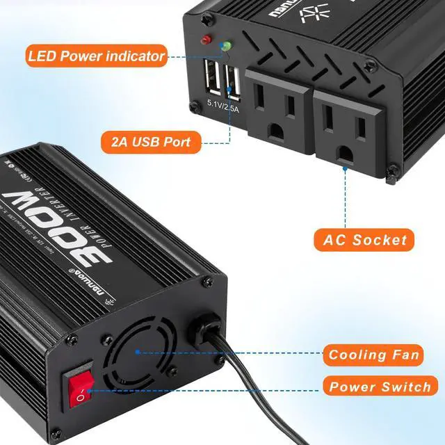 Alt view image 2 of 7 - 300 Watt Power Inverter car Small Inverter Rate 300W / Peak 600W DC12V to AC 110V RV Portable Inverter for Camping Charging dc to ac Vehicle Power Inverter-Black(300W)