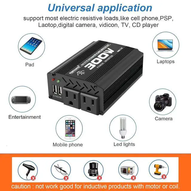 Alt view image 7 of 7 - 300 Watt Power Inverter car Small Inverter Rate 300W / Peak 600W DC12V to AC 110V RV Portable Inverter for Camping Charging dc to ac Vehicle Power Inverter-Black(300W)