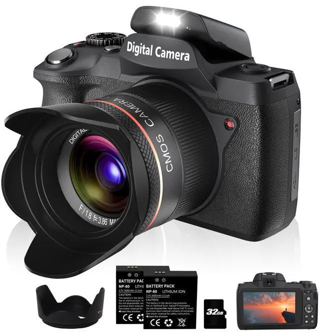 Main image of Digital Camera,5K 64MP Camera for Photography with Dual-Lens and Lens Hood,32GB Card 2 Batteries,Selfie 4" Touch Screen Vlogging Cameras for YouTube, Autofocus Flash 18X Digital Zoom Travel Camera