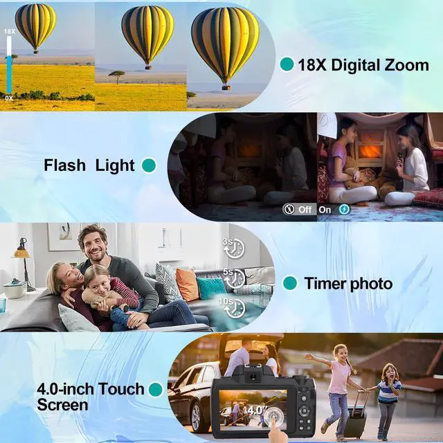 Alt view image 3 of 7 - Digital Camera,5K 64MP Camera for Photography with Dual-Lens and Lens Hood,32GB Card 2 Batteries,Selfie 4" Touch Screen Vlogging Cameras for YouTube, Autofocus Flash 18X Digital Zoom Travel Camera