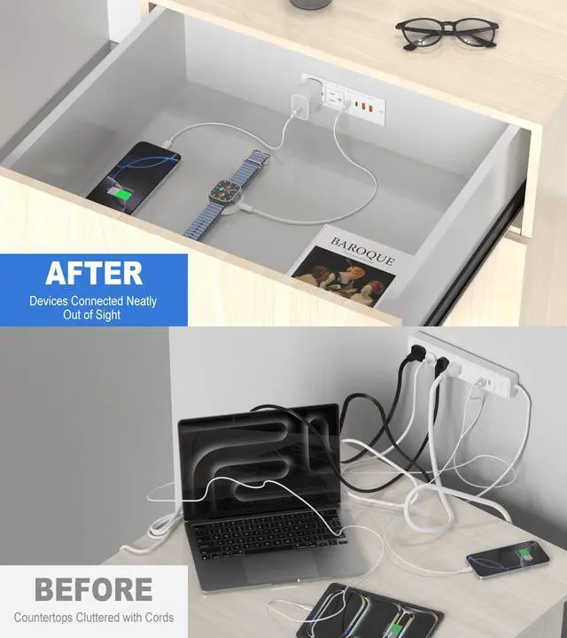 Alt view image 3 of 7 - 30W Furniture Drawer Outlet Kit, Recessed Outlet with 4 USB Ports & 2 AC Outlets, Recessed Power Strip for Home, Office, 5FT Spring Cord