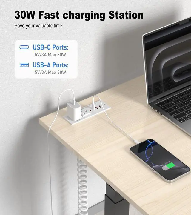 Alt view image 4 of 7 - 30W Furniture Drawer Outlet Kit, Recessed Outlet with 4 USB Ports & 2 AC Outlets, Recessed Power Strip for Home, Office, 5FT Spring Cord