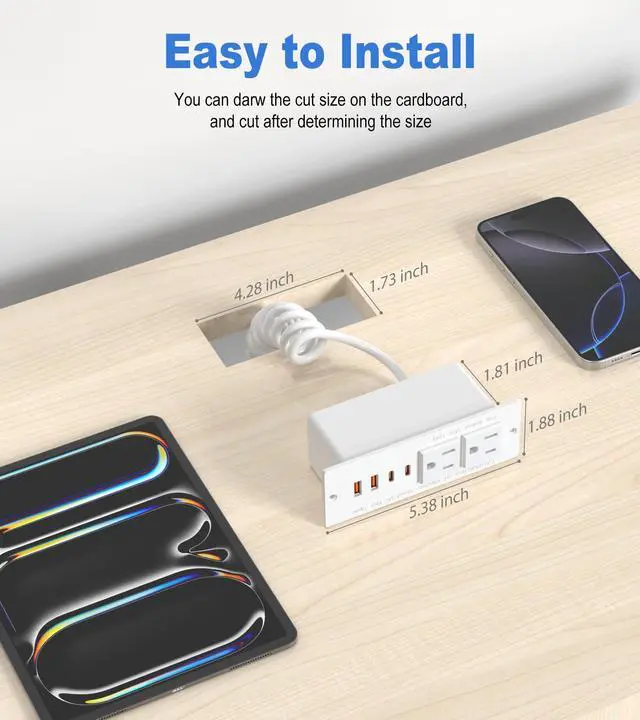 Alt view image 7 of 7 - 30W Furniture Drawer Outlet Kit, Recessed Outlet with 4 USB Ports & 2 AC Outlets, Recessed Power Strip for Home, Office, 5FT Spring Cord