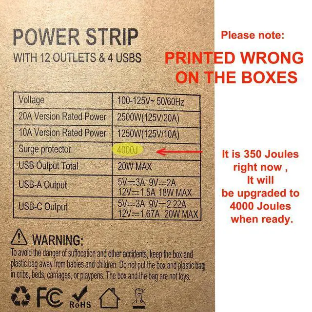 Alt view image 3 of 7 - Heavy Duty Power Strip Surge Protector,20A 2500W,Widely 12 Outlets/Dual Switches,20W Fast Charging/PD 20W/QC3.0,350 Joules Protection,12 Gauge 6.5ft Cord, Commercial