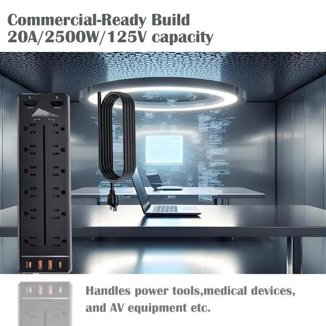 Alt view image 4 of 7 - Heavy Duty Power Strip Surge Protector,20A 2500W,Widely 12 Outlets/Dual Switches,20W Fast Charging/PD 20W/QC3.0,350 Joules Protection,12 Gauge 6.5ft Cord, Commercial