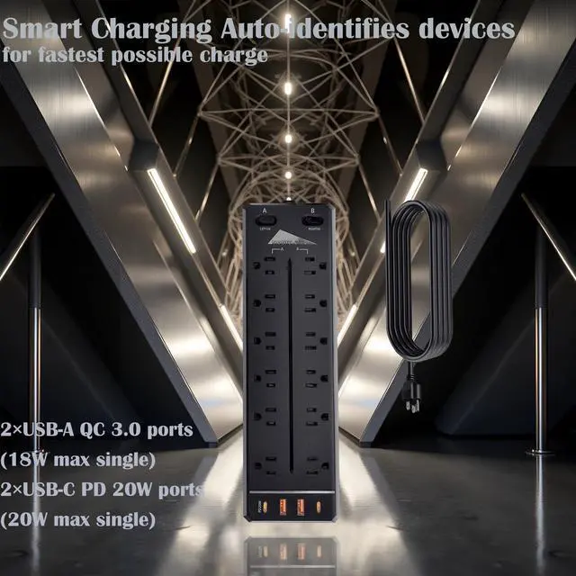 Alt view image 5 of 7 - Heavy Duty Power Strip Surge Protector,20A 2500W,Widely 12 Outlets/Dual Switches,20W Fast Charging/PD 20W/QC3.0,350 Joules Protection,12 Gauge 6.5ft Cord, Commercial