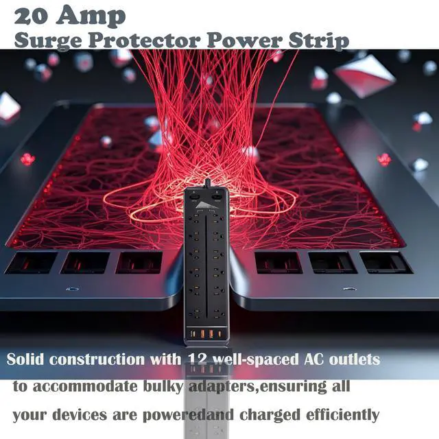 Alt view image 6 of 7 - Heavy Duty Power Strip Surge Protector,20A 2500W,Widely 12 Outlets/Dual Switches,20W Fast Charging/PD 20W/QC3.0,350 Joules Protection,12 Gauge 6.5ft Cord, Commercial