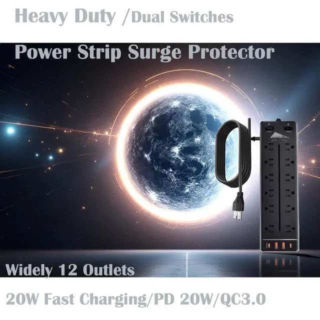 Alt view image 7 of 7 - Heavy Duty Power Strip Surge Protector,20A 2500W,Widely 12 Outlets/Dual Switches,20W Fast Charging/PD 20W/QC3.0,350 Joules Protection,12 Gauge 6.5ft Cord, Commercial