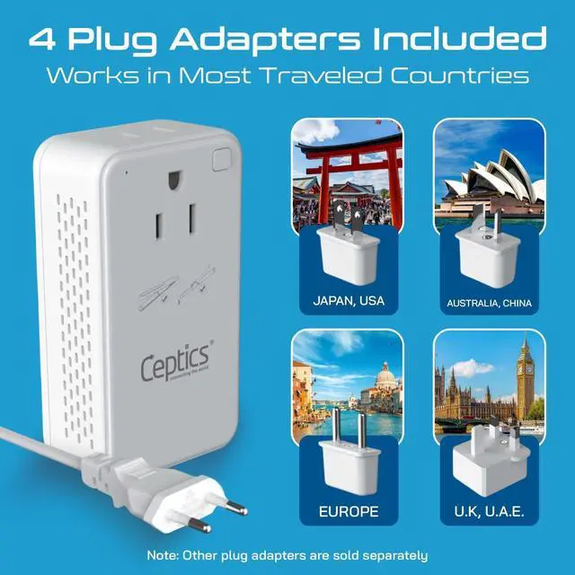 Alt view image 2 of 7 - 220V to 110V Voltage Converter, 200W, USB-A & USB-C, Type C Cord | Includes Type A/G/I/E/F plug adapters. 2 AC outlets for curling irons, straighteners, chargers & worldwide travel