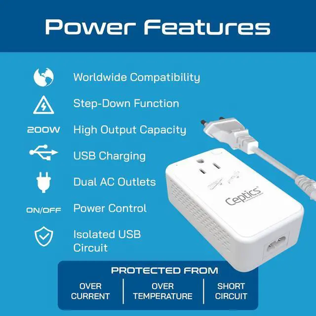 Alt view image 6 of 7 - 220V to 110V Voltage Converter, 200W, USB-A & USB-C, Type C Cord | Includes Type A/G/I/E/F plug adapters. 2 AC outlets for curling irons, straighteners, chargers & worldwide travel