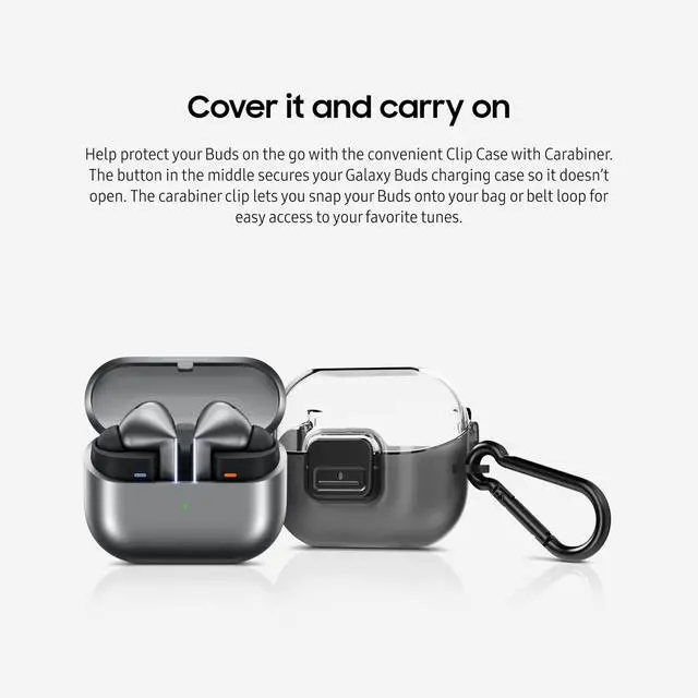 Alt view image 2 of 5 - Galaxy Buds 3/Buds 3 Pro Clip Case with Carabiner, Hard Shell Earbud Protection, Secure Snap Closure, Clips to Bag, Belt Loop, US Version, GP-FPR630HICBW, Transparent