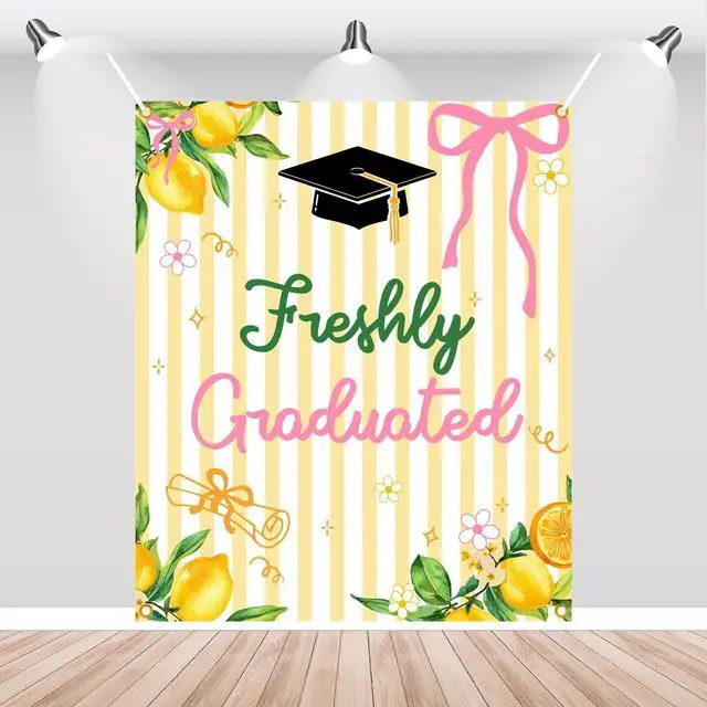 Main image of Freshly Graduated Backdrop Banner - 2026 Graduation Lemonade Bar Decoration, Lemon Themed Graduation Party Photo Props, Class of 2026 Sign, Congrats Grad Banner, 51 * 61 Inch