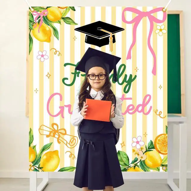 Alt view image 4 of 6 - Freshly Graduated Backdrop Banner - 2026 Graduation Lemonade Bar Decoration, Lemon Themed Graduation Party Photo Props, Class of 2026 Sign, Congrats Grad Banner, 51 * 61 Inch