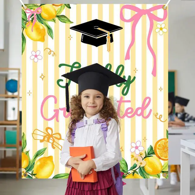 Alt view image 5 of 6 - Freshly Graduated Backdrop Banner - 2026 Graduation Lemonade Bar Decoration, Lemon Themed Graduation Party Photo Props, Class of 2026 Sign, Congrats Grad Banner, 51 * 61 Inch