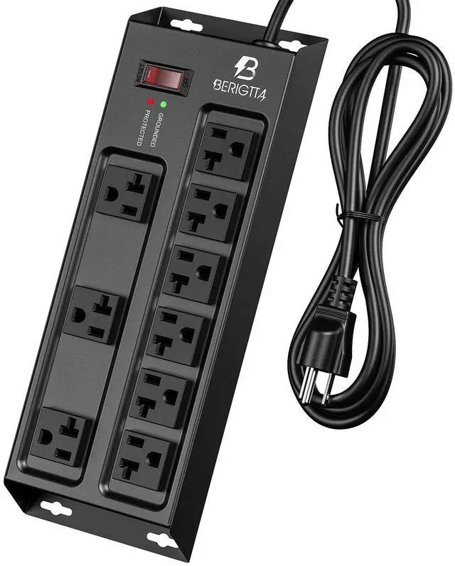 Main image of Heavy Duty Metal Power Strip, 20 AMP Surge Protector with 9 Outlets, 12 Gauge Industrial Strength for Shop & Garage Use, 6 FT Extension Cord Included, Durable T-Slot Design (6FT)