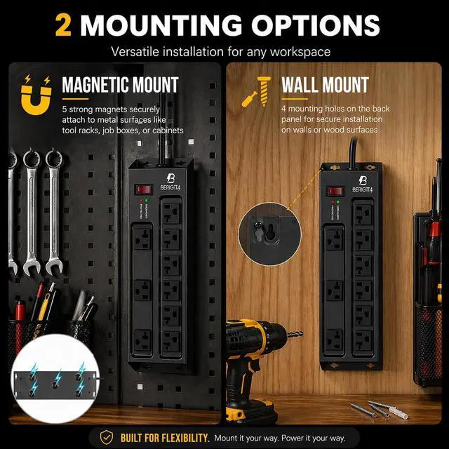 Alt view image 2 of 7 - Magnetic Heavy Duty 20A Power Strip with Surge Protector, 9-Outlet Metal Junction Box with 6FT 12/3 Gauge Cord, for Garage, Workshop & Appliance (Black)