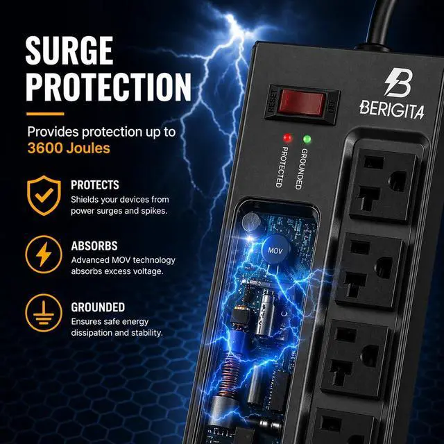 Alt view image 4 of 7 - Heavy Duty Metal Power Strip, 20 AMP Surge Protector with 9 Outlets, 12 Gauge Industrial Strength for Shop & Garage Use, 6 FT Extension Cord Included, Durable T-Slot Design (6FT)