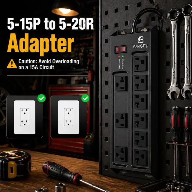 Alt view image 3 of 7 - Heavy Duty Metal Power Strip, 20 AMP Surge Protector with 9 Outlets, 12 Gauge Industrial Strength for Shop & Garage Use, 6 FT Extension Cord Included, Durable T-Slot Design (6FT)