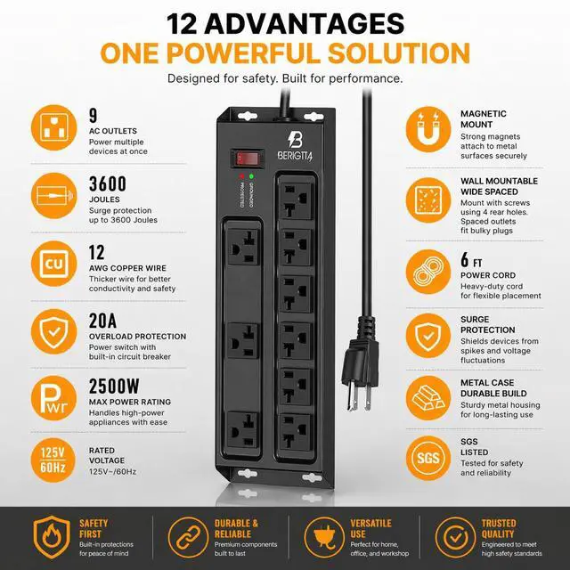 Alt view image 5 of 7 - Magnetic Heavy Duty 20A Power Strip with Surge Protector, 9-Outlet Metal Junction Box with 6FT 12/3 Gauge Cord, for Garage, Workshop & Appliance (Black)