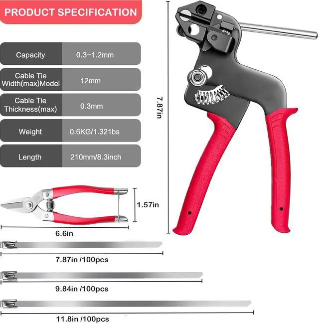 Alt view image 2 of 7 - 300PCS Metal Zip Ties Gun Kit, Silver 7.8"/9.8"/11.8" Self-Locking 304 Stainless Steel Zip Ties, Heavy Duty Cable Tie Fastening Cutting Release Tool Set for Outdoor Fence, Exhaust Pipe and Farm Use