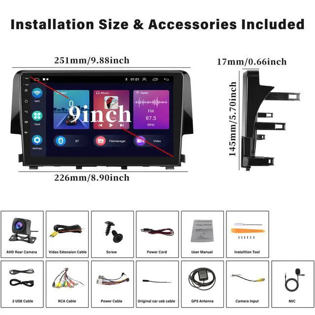 Alt view image 7 of 7 - Android 13 Car Stereo Radio for Honda Civic 2016 2017 2018 2019 2020 with Wireless CarPlay Android Auto Mirror Link 2G+64G with Bluetooth FM GPS Navigation WiFi HiFi SWC