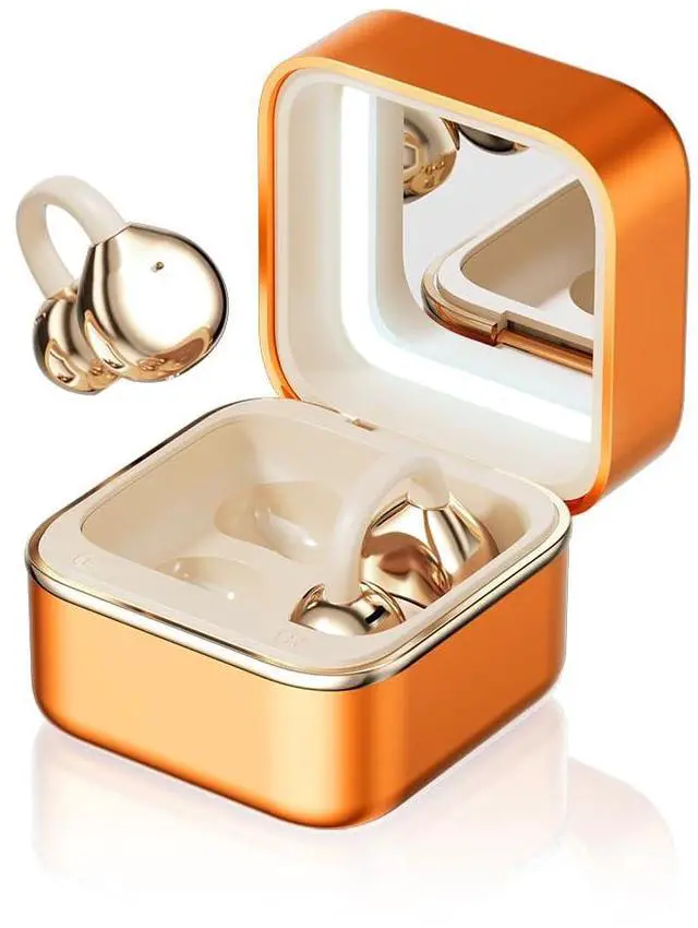 Main image of Clip On Ear Headphones with a Makeup Mirror, Open Ear Earbuds Wireless Bluetooth Earbuds,Ultra-Long Battery Life, for Android/iOS Phones (Orange Color)