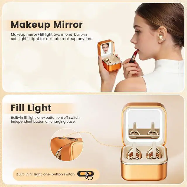 Alt view image 3 of 7 - Clip On Ear Headphones with a Makeup Mirror, Open Ear Earbuds Wireless Bluetooth Earbuds,Ultra-Long Battery Life, for Android/iOS Phones (Orange Color)