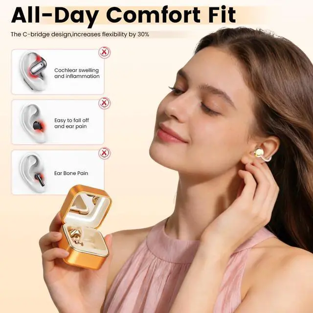 Alt view image 4 of 7 - Clip On Ear Headphones with a Makeup Mirror, Open Ear Earbuds Wireless Bluetooth Earbuds,Ultra-Long Battery Life, for Android/iOS Phones (Orange Color)