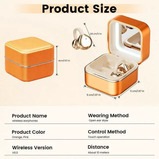 Alt view image 5 of 7 - Clip On Ear Headphones with a Makeup Mirror, Open Ear Earbuds Wireless Bluetooth Earbuds,Ultra-Long Battery Life, for Android/iOS Phones (Orange Color)