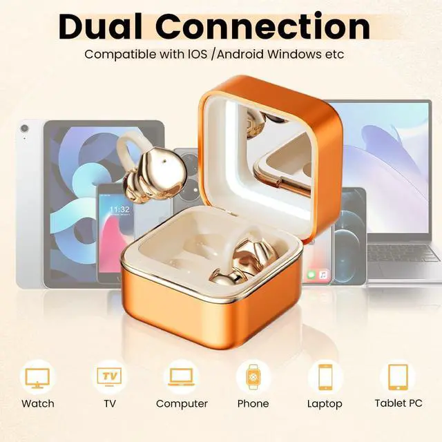 Alt view image 7 of 7 - Clip On Ear Headphones with a Makeup Mirror, Open Ear Earbuds Wireless Bluetooth Earbuds,Ultra-Long Battery Life, for Android/iOS Phones (Orange Color)