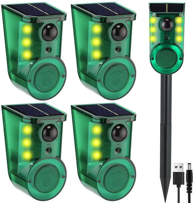Main image of 4 Pack Solar Outdoor Ultrasonic Motion Sensor Alarm with Stake, 4-Mode Woking Ultrasound and 129db Loud Noise Alarms Motion Detector with Sensor Strobe Light for Yard, Garden, Farm