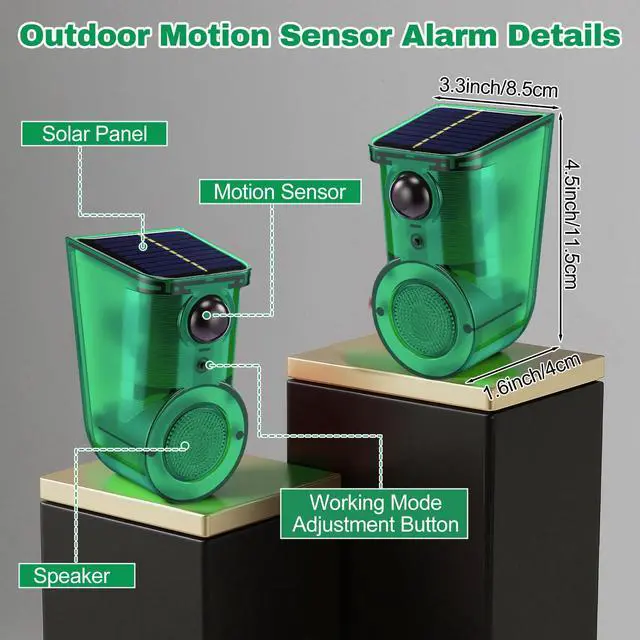 Alt view image 2 of 7 - 4 Pack Solar Outdoor Ultrasonic Motion Sensor Alarm with Stake, 4-Mode Woking Ultrasound and 129db Loud Noise Alarms Motion Detector with Sensor Strobe Light for Yard, Garden, Farm