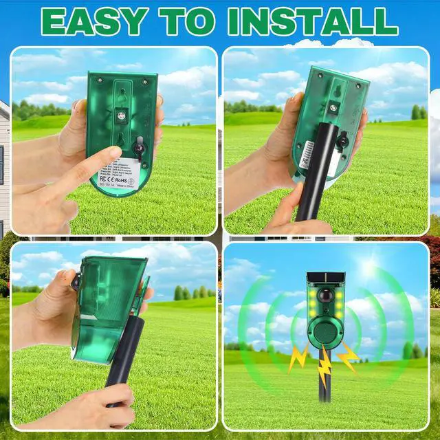 Alt view image 3 of 7 - 4 Pack Solar Outdoor Ultrasonic Motion Sensor Alarm with Stake, 4-Mode Woking Ultrasound and 129db Loud Noise Alarms Motion Detector with Sensor Strobe Light for Yard, Garden, Farm