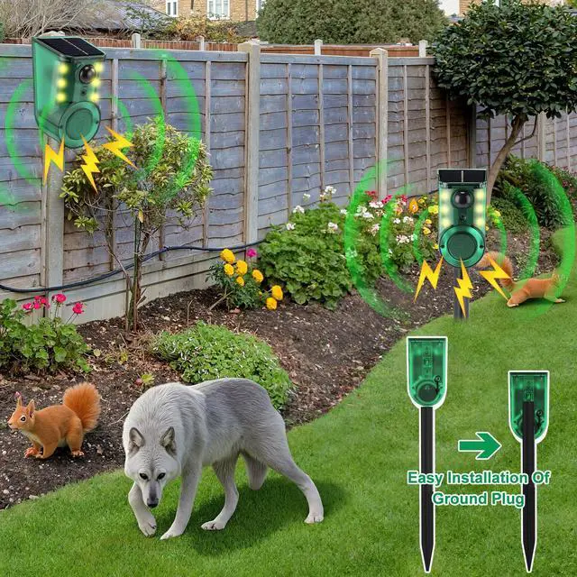 Alt view image 6 of 7 - 4 Pack Solar Outdoor Ultrasonic Motion Sensor Alarm with Stake, 4-Mode Woking Ultrasound and 129db Loud Noise Alarms Motion Detector with Sensor Strobe Light for Yard, Garden, Farm