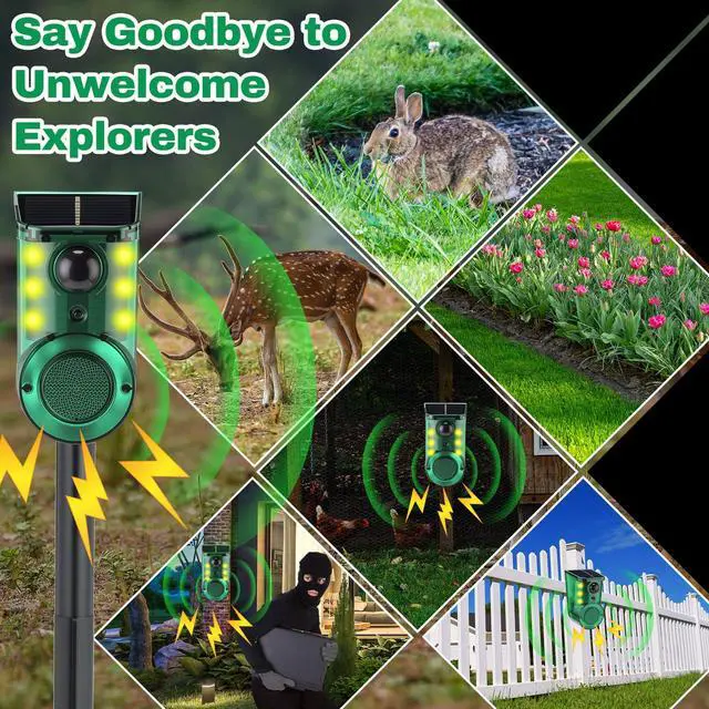 Alt view image 5 of 7 - 4 Pack Solar Outdoor Ultrasonic Motion Sensor Alarm with Stake, 4-Mode Woking Ultrasound and 129db Loud Noise Alarms Motion Detector with Sensor Strobe Light for Yard, Garden, Farm