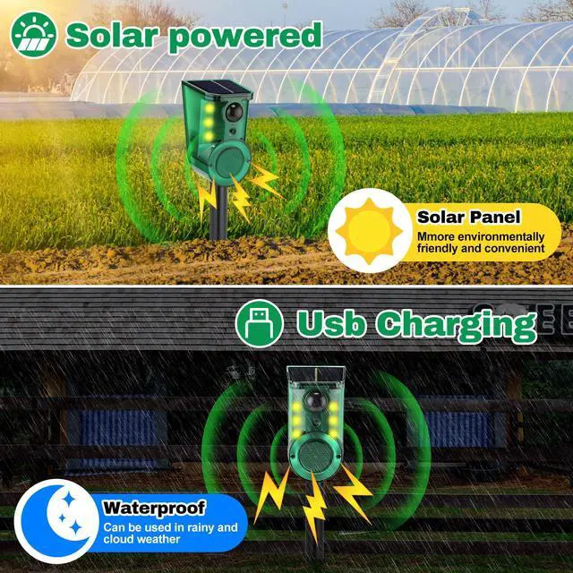 Alt view image 7 of 7 - 4 Pack Solar Outdoor Ultrasonic Motion Sensor Alarm with Stake, 4-Mode Woking Ultrasound and 129db Loud Noise Alarms Motion Detector with Sensor Strobe Light for Yard, Garden, Farm