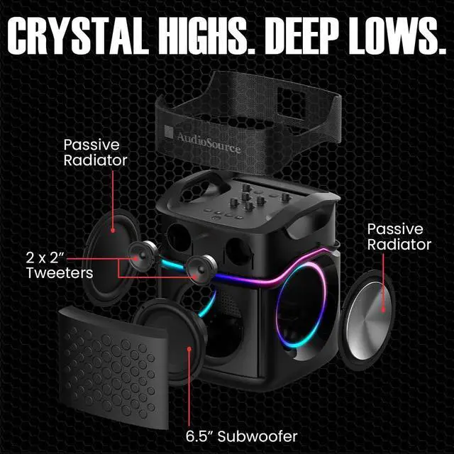 Alt view image 3 of 5 - Party Speaker w/Built-in Subwoofer, Passive Radiators, RGB Light, 160W, Splash Proof, Portable Outdoor Bluetooth Karaoke Speaker, Dual Mic Inputs, Ultra Bass Boost, Party Link Pairing