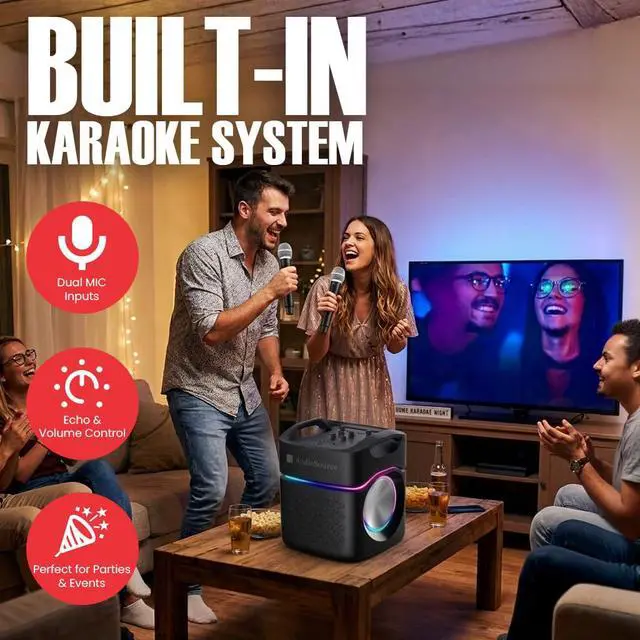 Alt view image 5 of 5 - Party Speaker w/Built-in Subwoofer, Passive Radiators, RGB Light, 160W, Splash Proof, Portable Outdoor Bluetooth Karaoke Speaker, Dual Mic Inputs, Ultra Bass Boost, Party Link Pairing