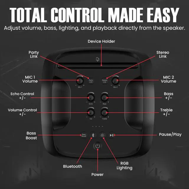 Alt view image 4 of 5 - Party Speaker w/Built-in Subwoofer, Passive Radiators, RGB Light, 160W, Splash Proof, Portable Outdoor Bluetooth Karaoke Speaker, Dual Mic Inputs, Ultra Bass Boost, Party Link Pairing