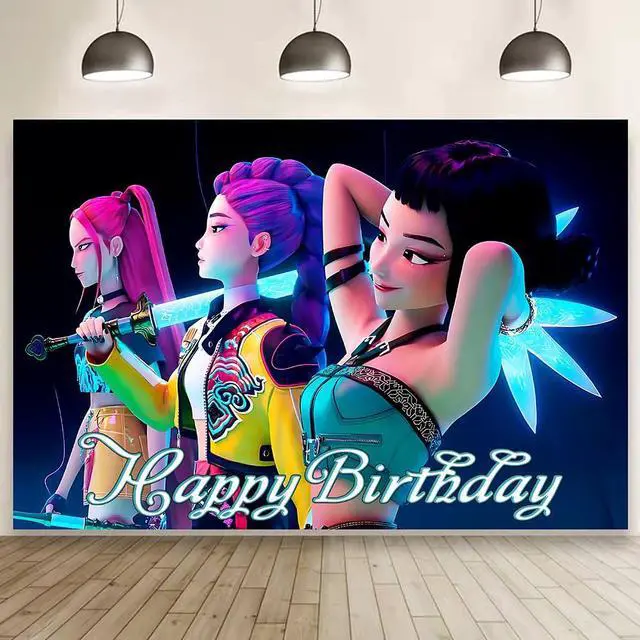 Main image of Demon Hunters Girls Birthday Decorations, Demon Hunters Happy Birthday Banner Backdrop for Kids Birthday Party Supplies (5x3ft)