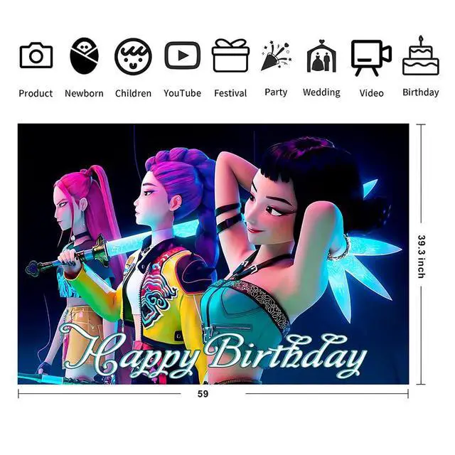 Alt view image 3 of 4 - Demon Hunters Girls Birthday Decorations, Demon Hunters Happy Birthday Banner Backdrop for Kids Birthday Party Supplies (5x3ft)