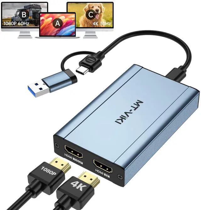 Main image of HDMI Splitter Extended Display for Dual Monitors/Multi-Monitor, 4K@30Hz & 1080P@60Hz, USB 3.0 & USB C Adapter to HDMI for Windows & Mac, Required Driver Installation
