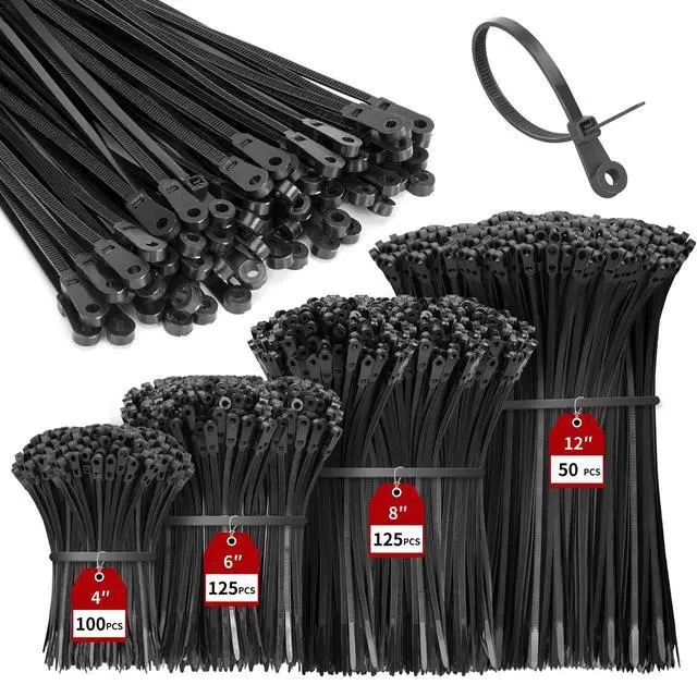 Alt view image 2 of 7 - 400Pcs Mountable Head Zip Ties with Screw Hole (4"+6"+8"+12") | Assorted Sizes Mountable Head Cable Ties, UV Resistant, Weatherproof, Self-Locking ties for Indoor Outdoor Cable Management